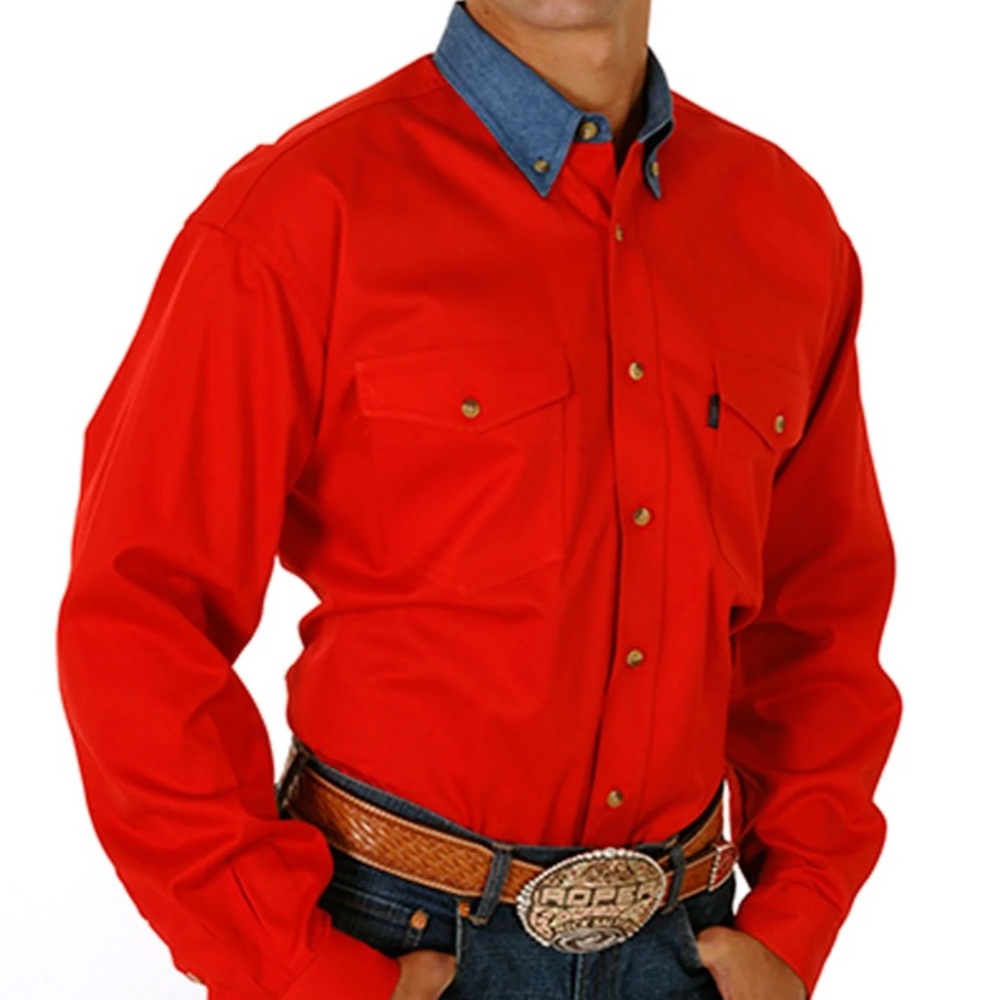 Roper Mens Basics Red 100% Cotton Denim Contrast Western Shirt